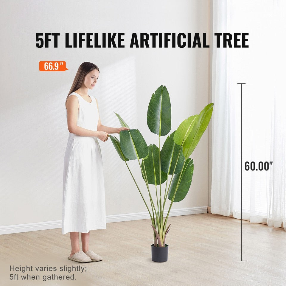 Uimoso Bird Of Paradise 5ft Tall Fake Palm Tree Artificial Faux Silk Plant Pot
