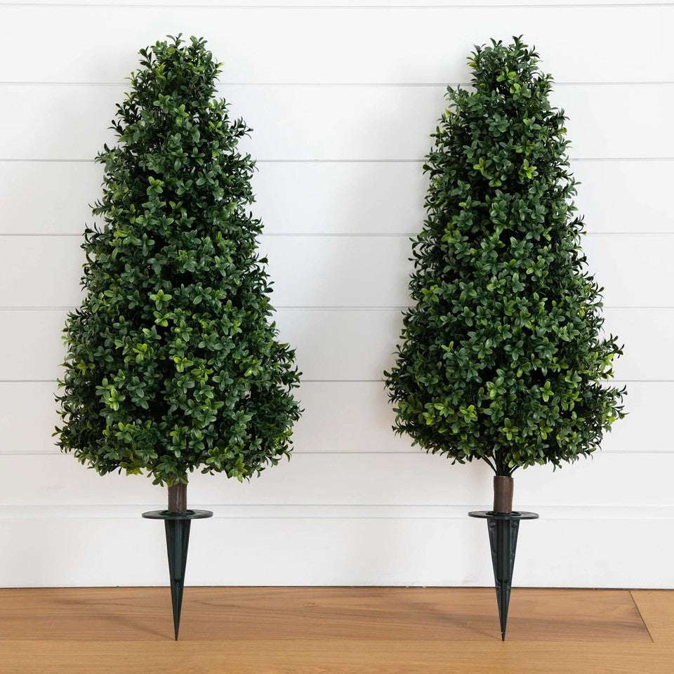 3' Artificial Boxwood Plant with Integrated Ground Stake UV Resistant Set of 2.