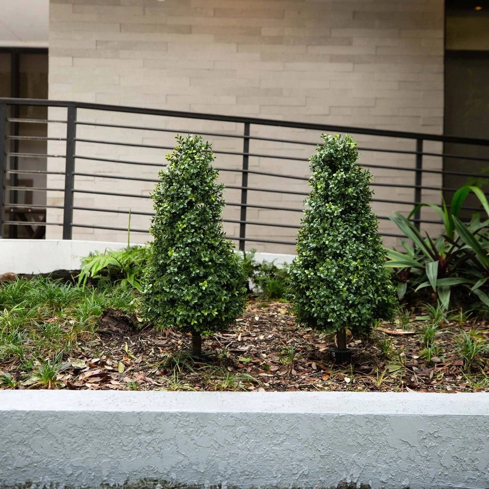 3' Artificial Boxwood Plant with Integrated Ground Stake UV Resistant Set of 2.